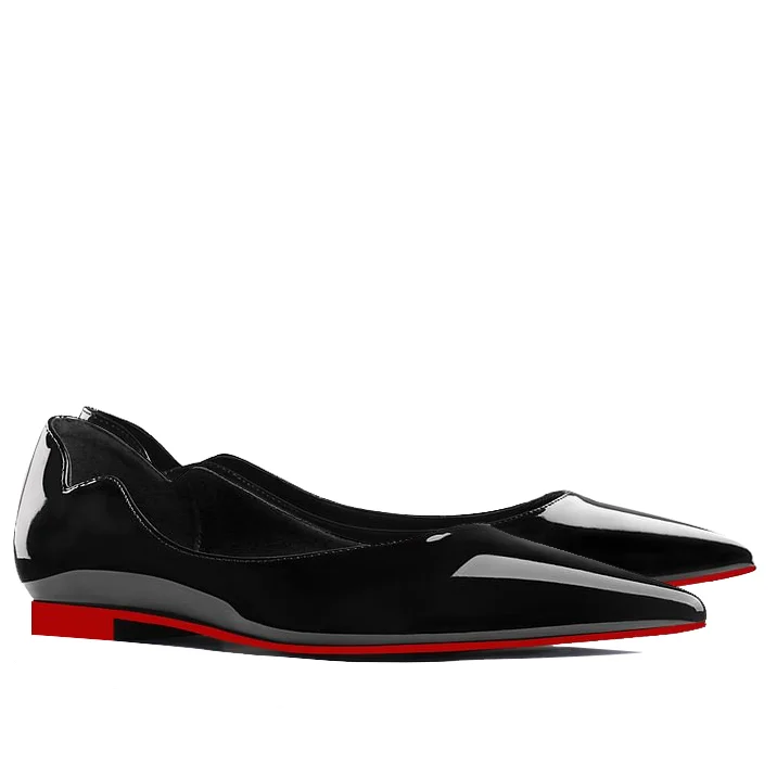 Women's Red Bottom Flat Shoes Pointed Toe Solid Color Patent Leather V-shaped Notches Shoes VOCOSI VOCOSI