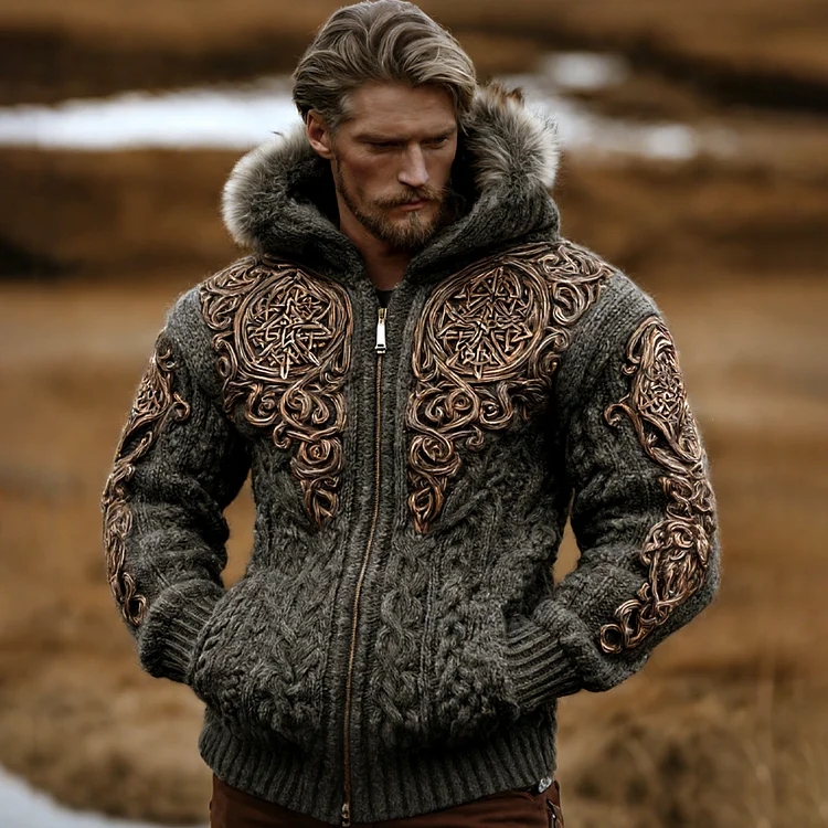 Men's Retro Viking Celtic Knot Embroidered Print Hooded Jacket