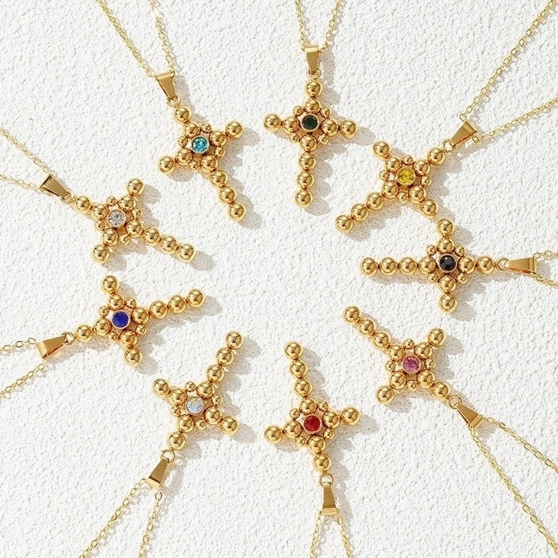 201 Stainless Steel Gold Plated Minimalist Inlay Cross Zircon Pendant Necklace