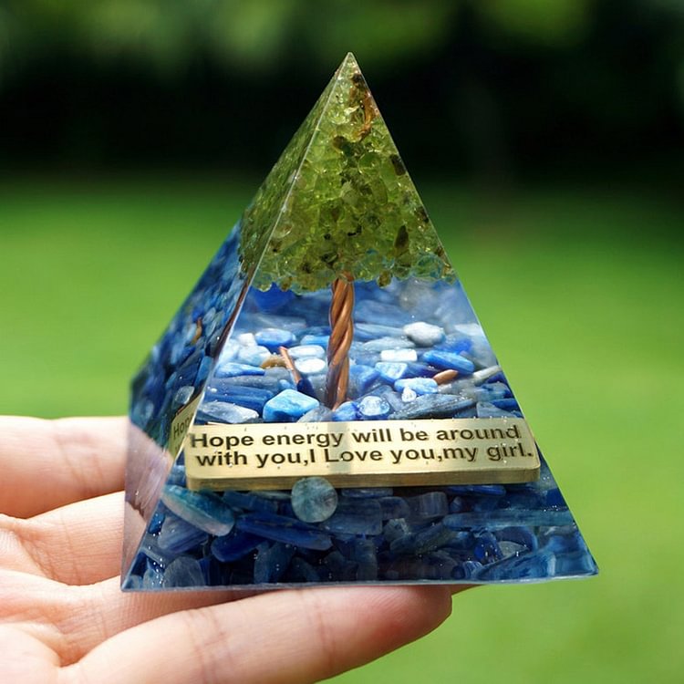 Peridot With Kyanite Tree Of Life Healing Orgone Pyramid