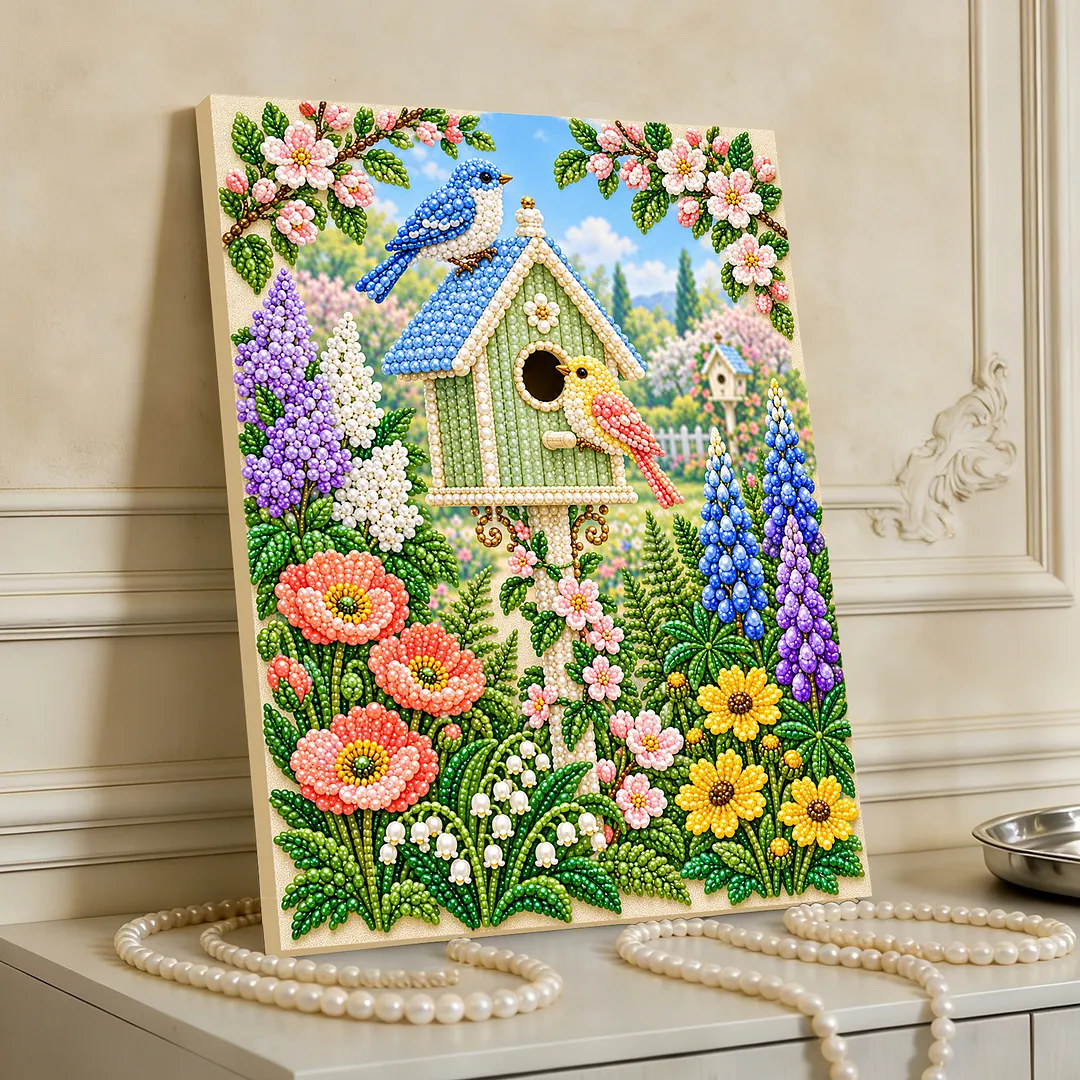 Pearl Painting Kit for Adults Floral Bird Framed Wall Art 11.81x15.75in