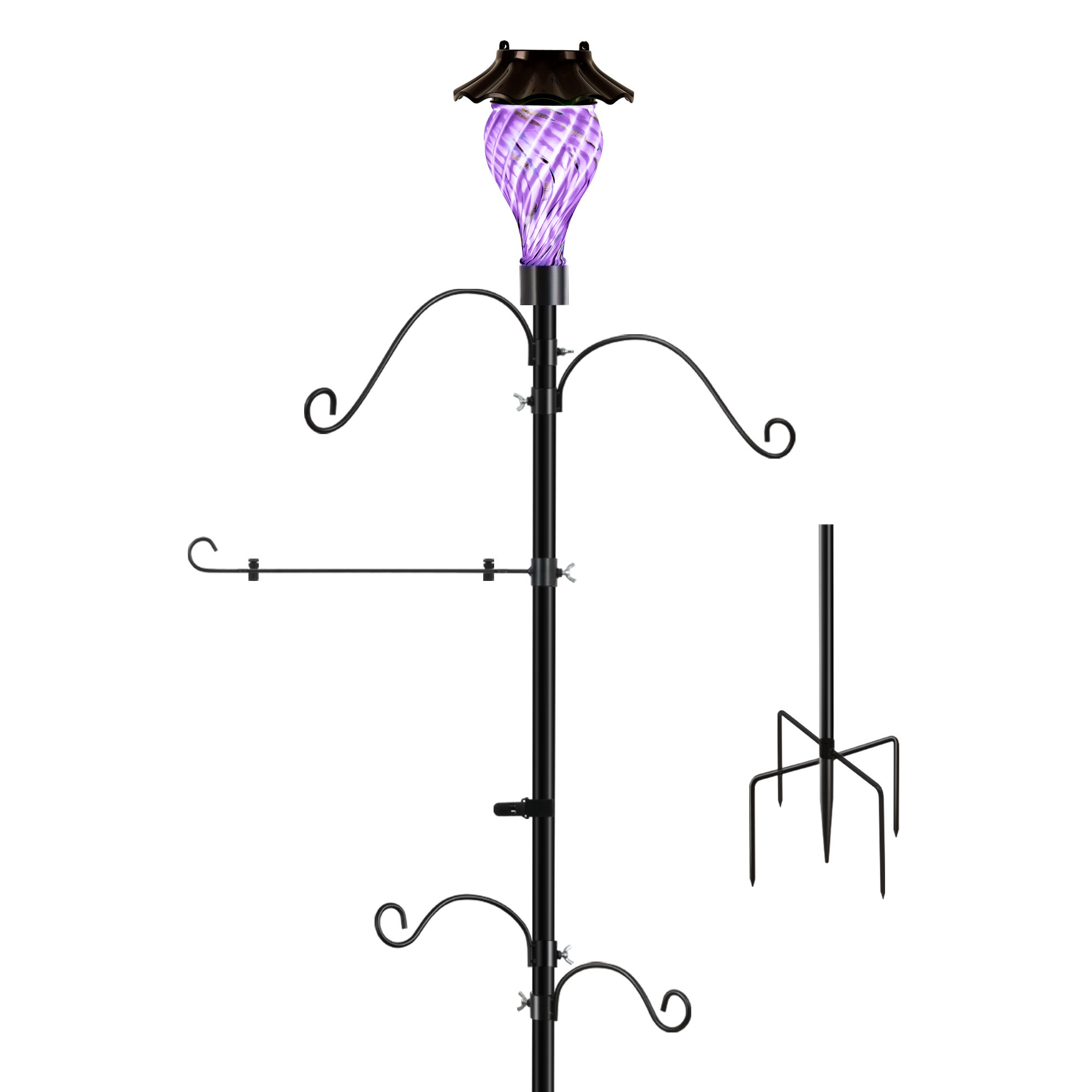 LUJOIN Solar Shepherds Hooks with Hand Blown Glass Lamp, Decorative RGB Lights, 4 Hooks & 1 Flag Holder, Heavy Duty Stand for Hanging Hummingbird Feeder, Bird Feeder, Plant, Landscape Light (Purple)