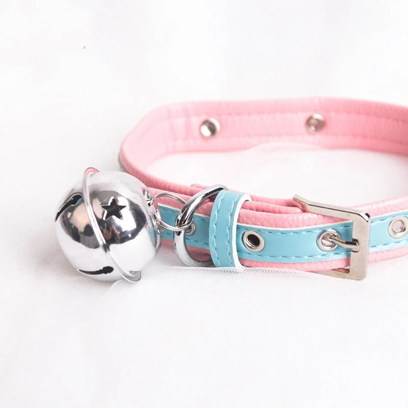 Sexy Cute Choker Leash Chain Pink Blue Harajuku Handmade Gothic Punk Leather Necklace with Bells Sex Toys for Couple Collar