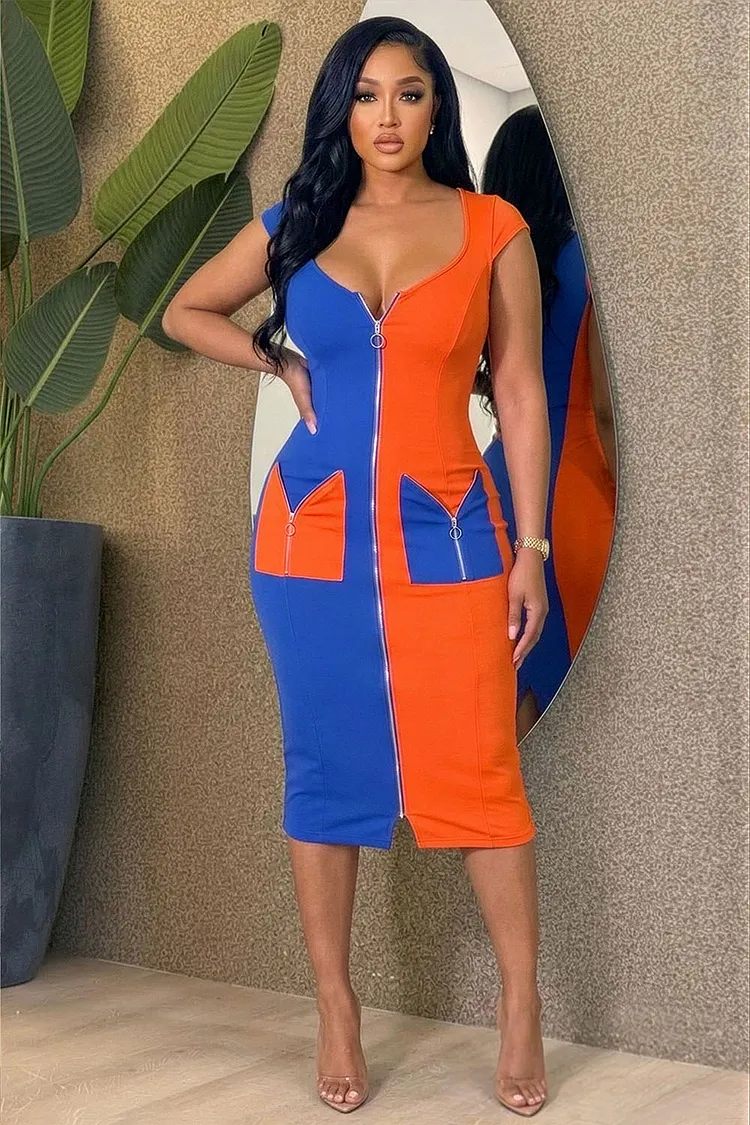 Colorblock U Neck Zipper Pocket Casual Midi Dresses-Multicolor [Pre Order]