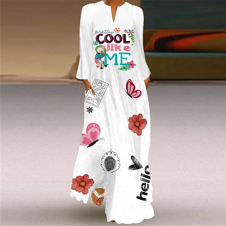 V-neck, Long-sleeved, Printed, Loose-fitting Dress-Mayoulove