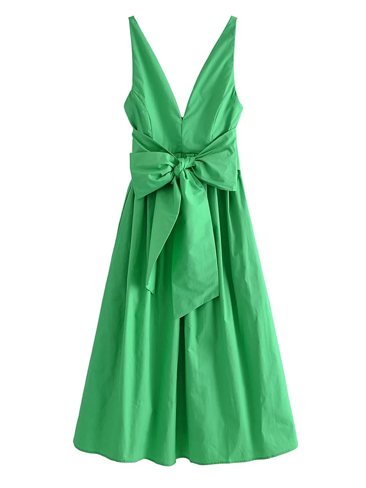 Womens Summer Dress Green Dresses With Pocket Back Bow Strap Female Long Dress Qn26