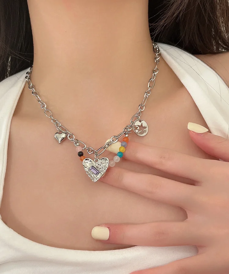 Modern Silk Stainless Steel Love Beading Star Tasse Pendant Necklace