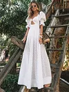 Hollow And Strapless Puff Sleeves Maxi Dresses