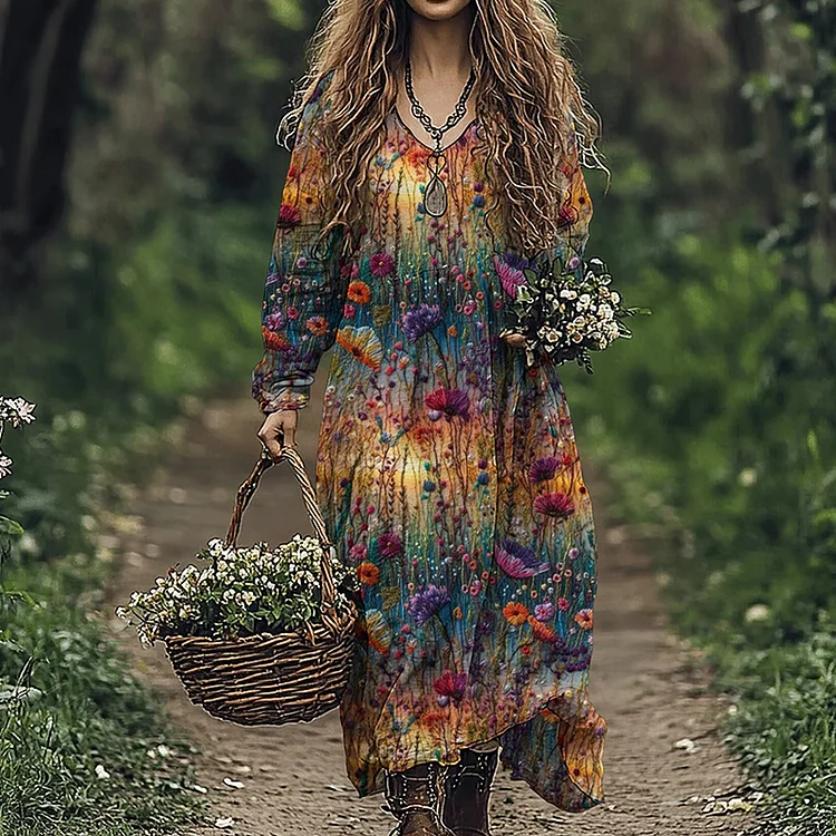 Women's Vintage Gradient Flowers Embroidered Linen Blend Maxi Dress
