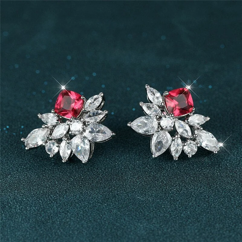 Charm Female Red Crystal Square Stone Earrings White Zircon Flower Stud Earrings Vintage Silver Color Wedding Earrings For Women