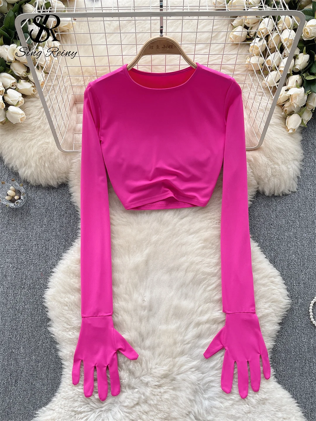 Huibahe American Hotsweet Streetwear Y2K Tops Cropped O Neck Long sleeved Connecting Gloves Design Fashion Sexy Slim Blouse