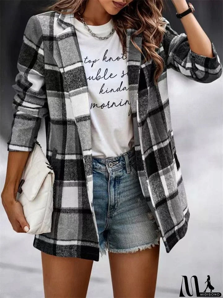MidiSono - Oversized Plaid Shacket Sweet Flannel Coats for Ladies