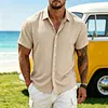 Men's Short Sleeve Linen Blend Button Down Shirt Lightweight Breathable Casual Summer Dress Shirt Striped Pattern by Inlyline