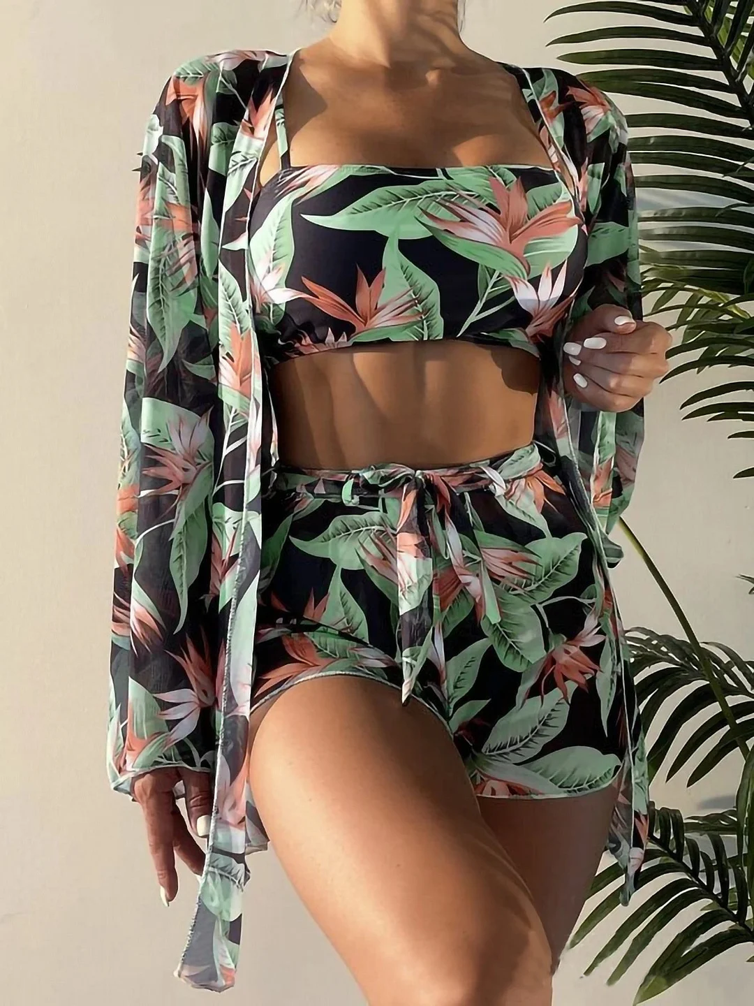 Floral Printed Lace-up Long Sleeve Bikini Three-piece Set