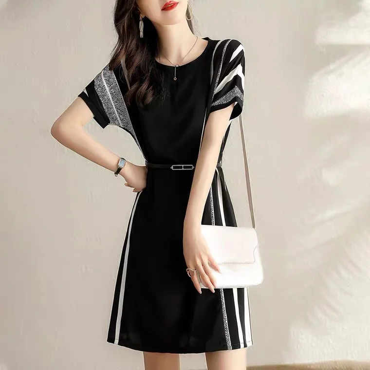 Striped Contrast Color Short Sleeve Casual Midi Dress