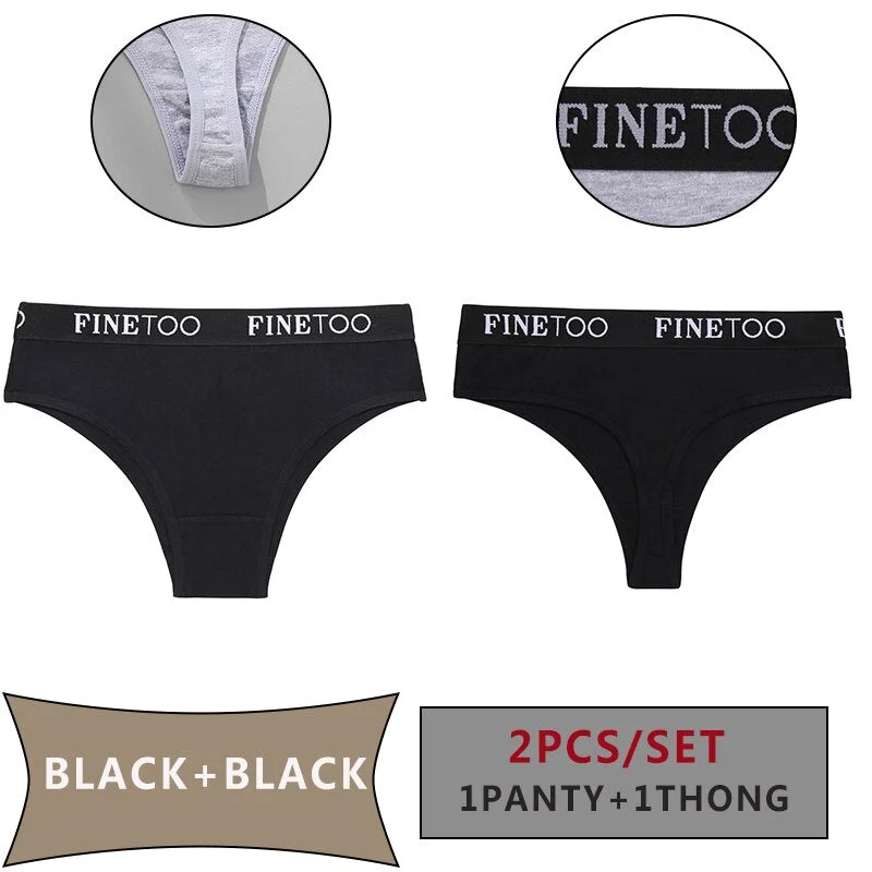 FINETOO 2PCS/Set Women Cotton Panties Sexy Letter Underwear Panty Thong Low Waisted 1Panty+1G-string Brief Tanga Lingerie Femme