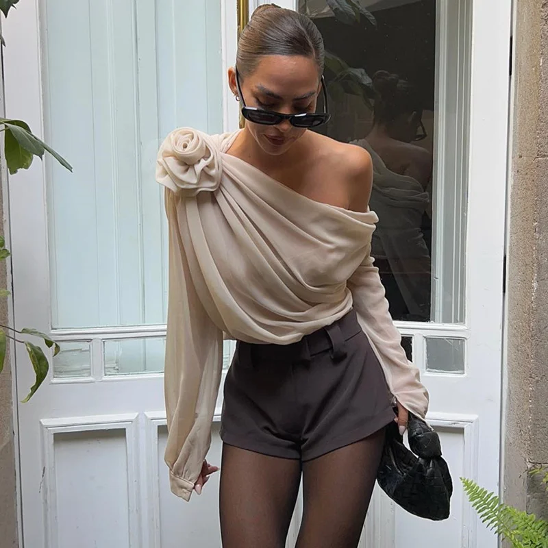 Uveng Uveng 2023 New Women's Sexy Fashion Street Hot Girls Diagonal Shoulder Chiffon Slim T-Shirt Top Women