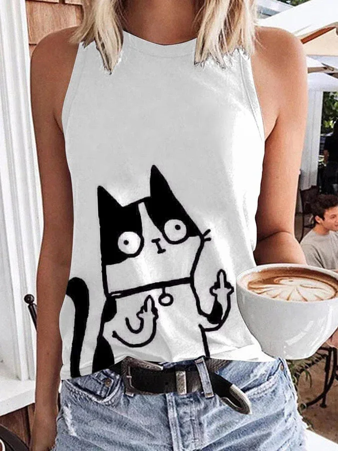 Women's Funny Middle Finger Bicolor Cat Print Tank Top