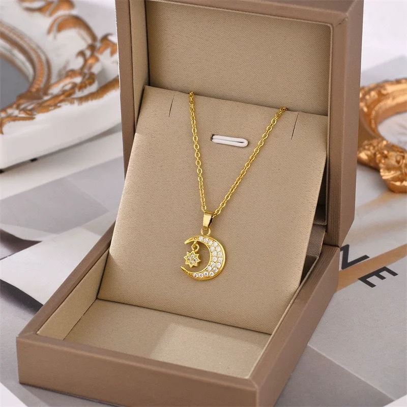Moon Star Zirconia Gold-Plated Necklace