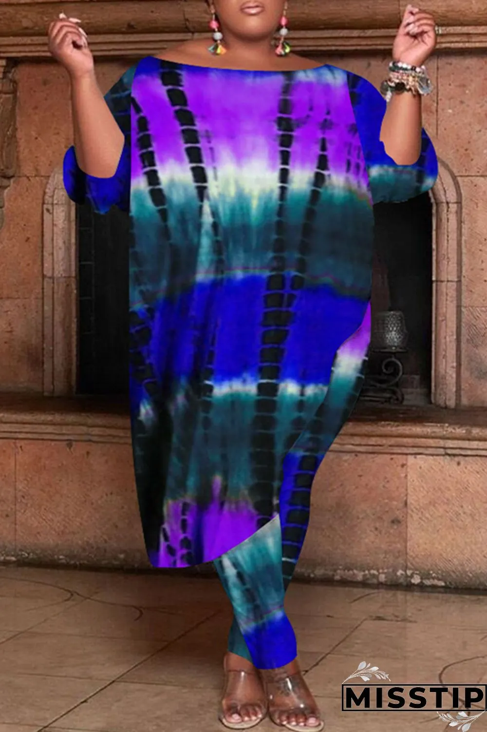Orange Fashion Casual Tie Dye Asymmetrical O Neck Plus Size Two Pieces