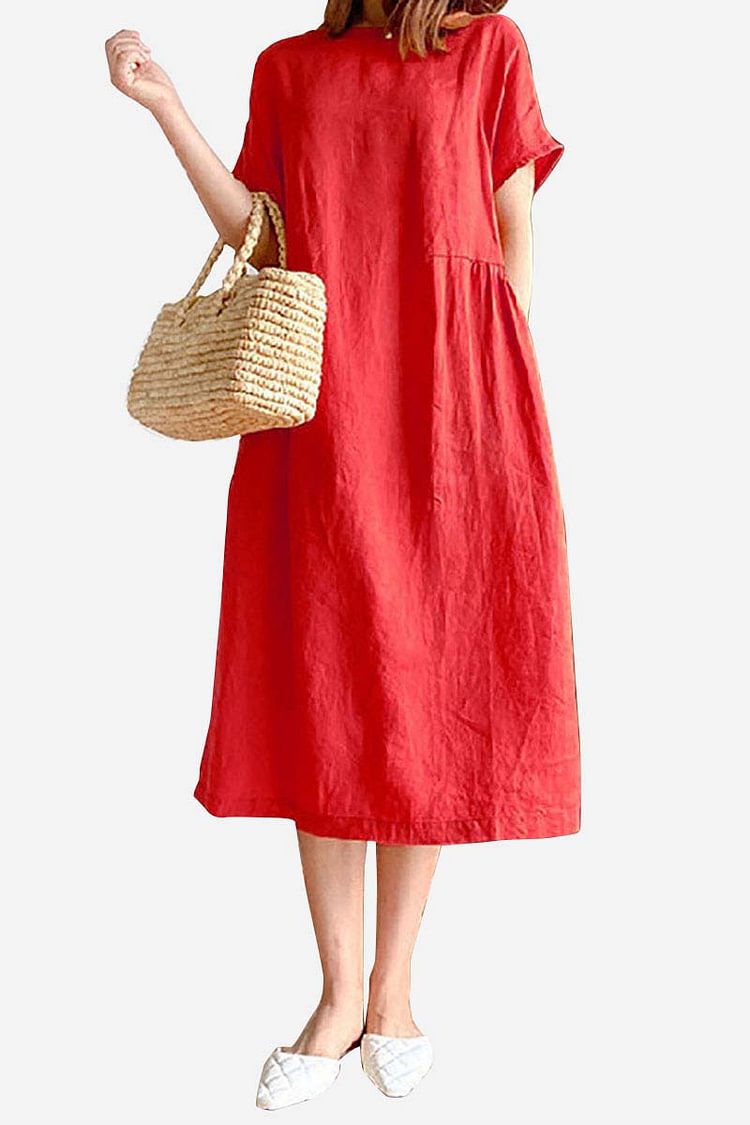 Linen Round Neck Short Sleeve Loose Fit A-Line Wide Hemline Casual Midi Dress