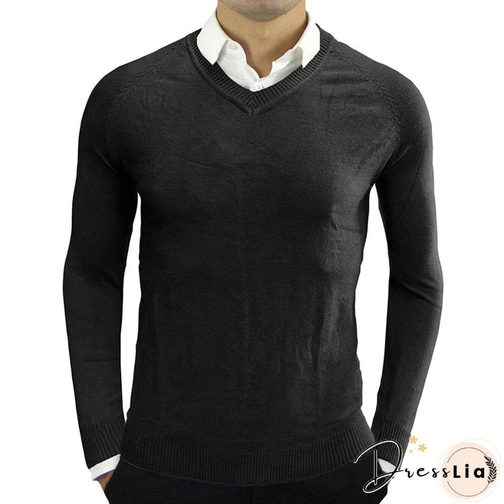 Men V Neck Long Sleeve Knitted Pullover Sweater