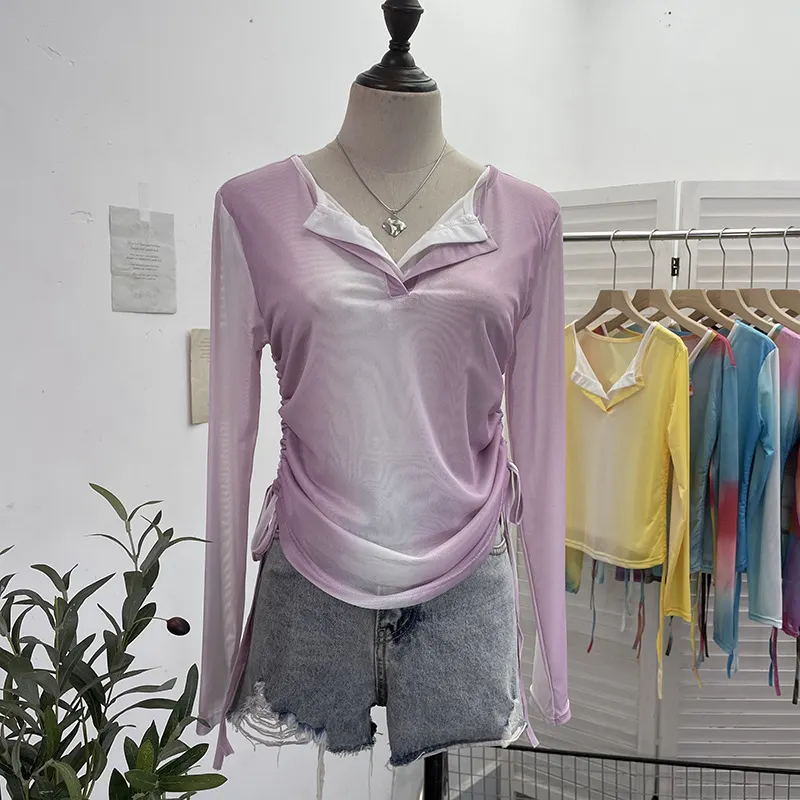 Churchf Fake Two Sunscreen Long-Sleeved T-Shirt Women Autumn Design Dizzling Drawstring Folding Short Top 9938