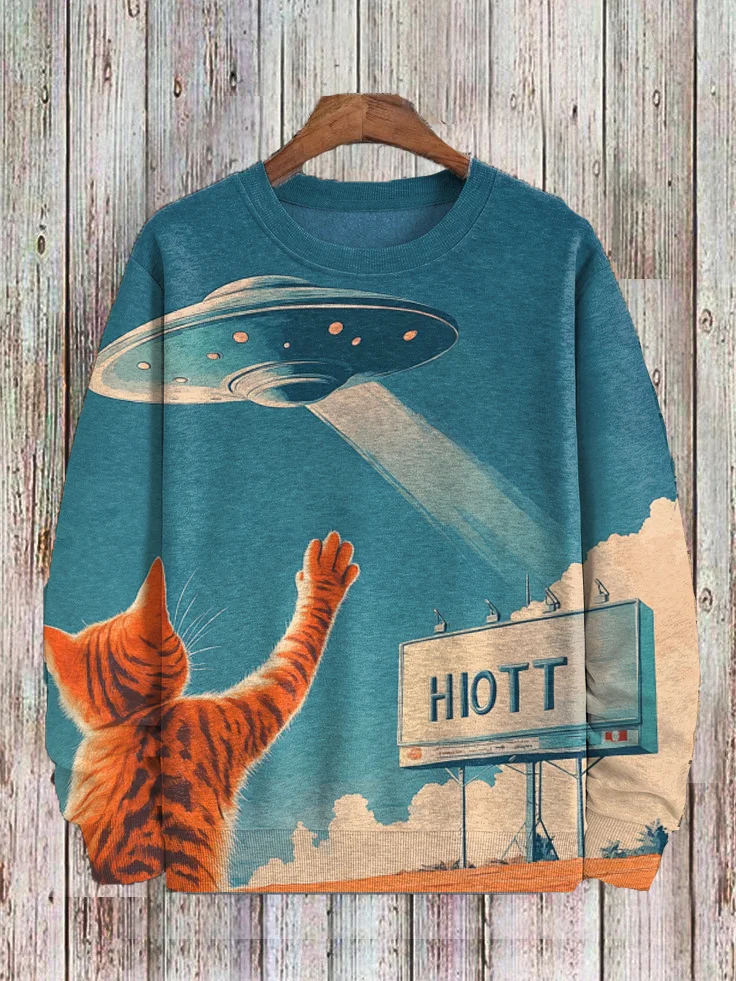 Men's Retro UFO Cat Sci-Fi Art Print Casual Sweatshirt