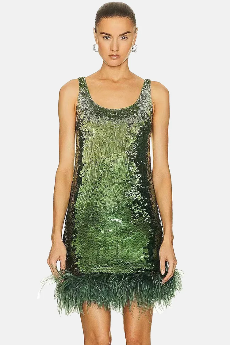 Sleeveless Sequins Feather Trim Mini Dress-Green
