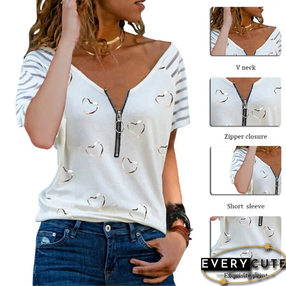 New Summer Fashion Women Striped Printed Short Sleeve Zipper V-Neck Casual Top Loose Soft And Thin Plus Size Shirt T-Shirt