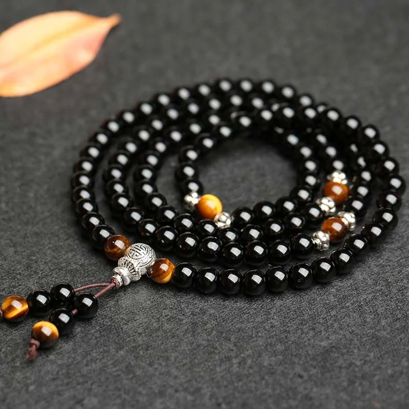 Black Obsidian Tiger Eye Blessing Mala Necklace Bracelet
