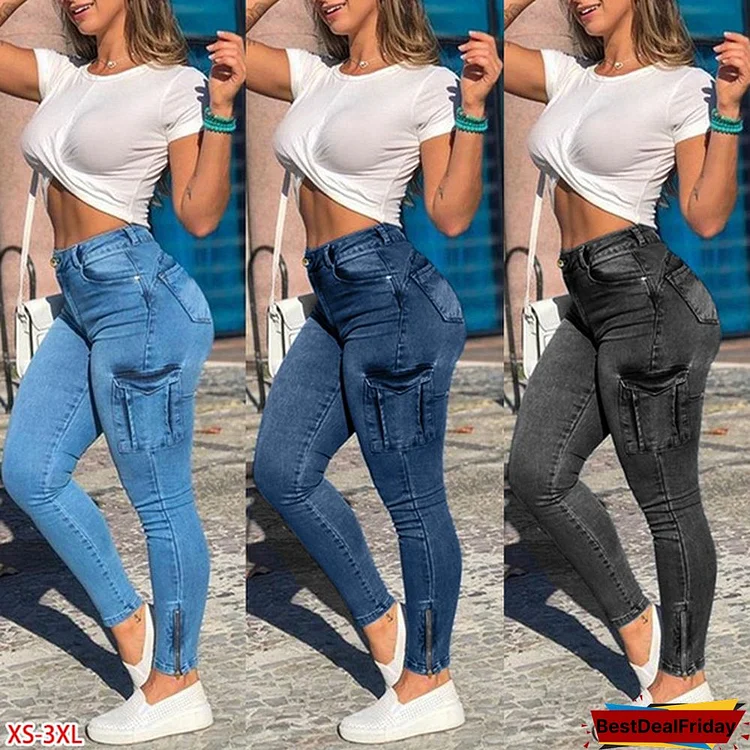 New Women'S Fashion Skinny Slim Fit Cargo Jeans Casual High Waist Denim Long Pants