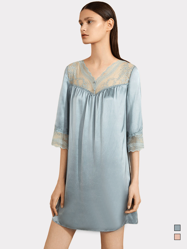OUTLETS 22 MOMME Robe de nuit en soie classique col dentelle manches longus-Soie Plus