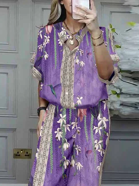 Women Floral, Purple, Pink DZDL1136 V-neck Short Sleeve Blouse and Pants Set
