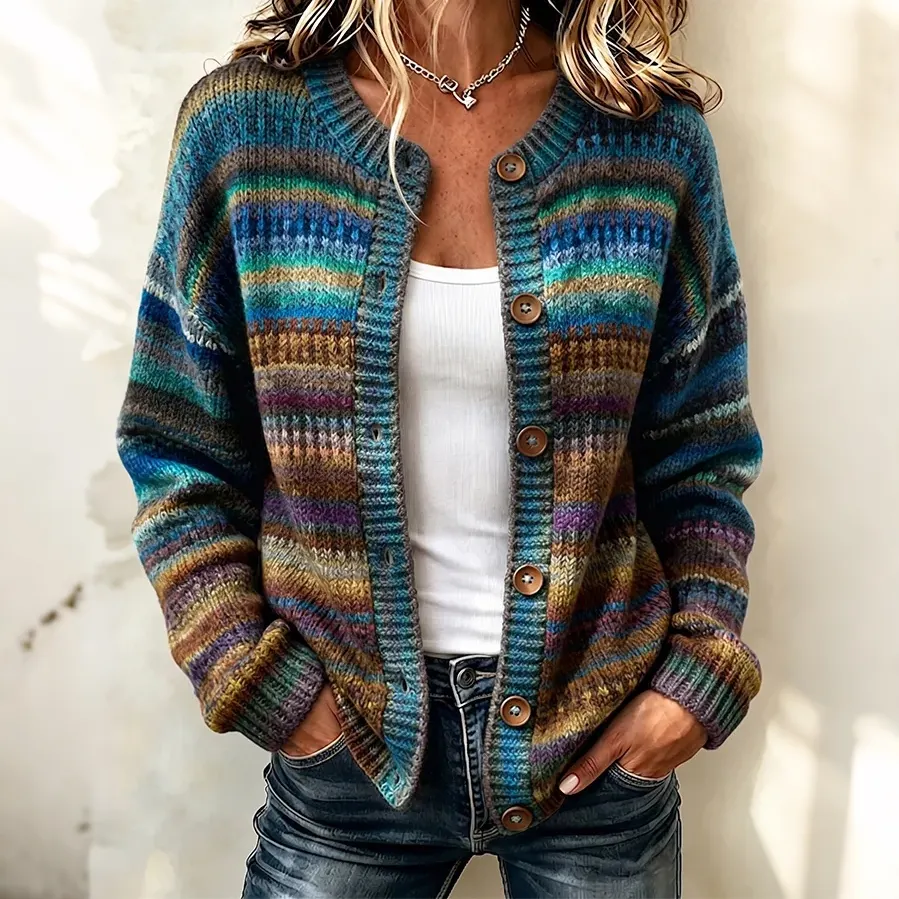 Comstylish Women's Vintage Teal Multicolor Stripe Pattern Relaxed Fit Button Front Knit Cardigan Sweater