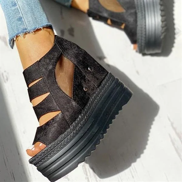 Side Zipper Peep Toe Patchwork Platform Sandals