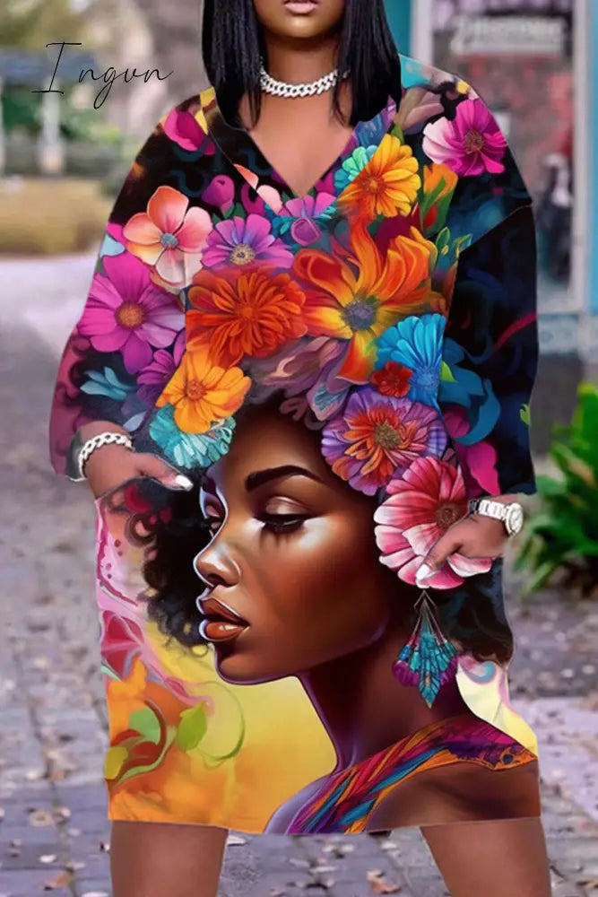 Ingvn - Colour Casual Print Patchwork V Neck Long Sleeve Dresses / S Dresses