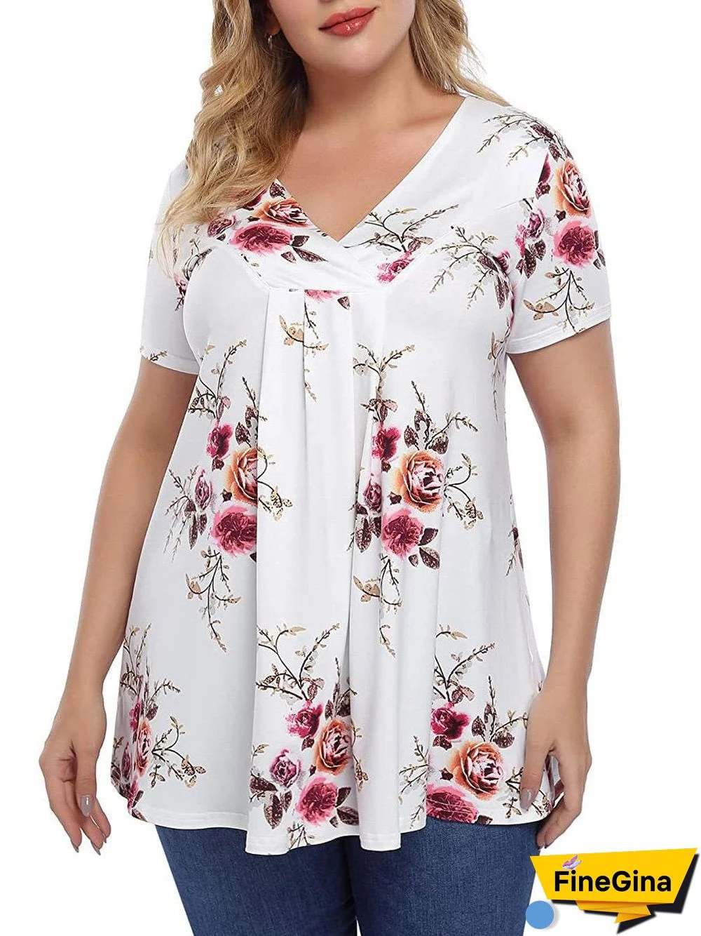 Women's Floral Printed Loose Pleated Short Sleeve V-neck Top
