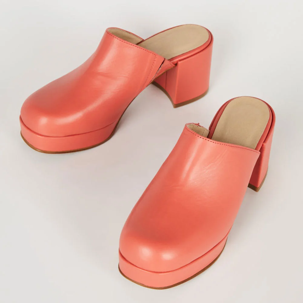 Women's Round Toe Chunky Heel Slip On Mules Shoes in Salmon