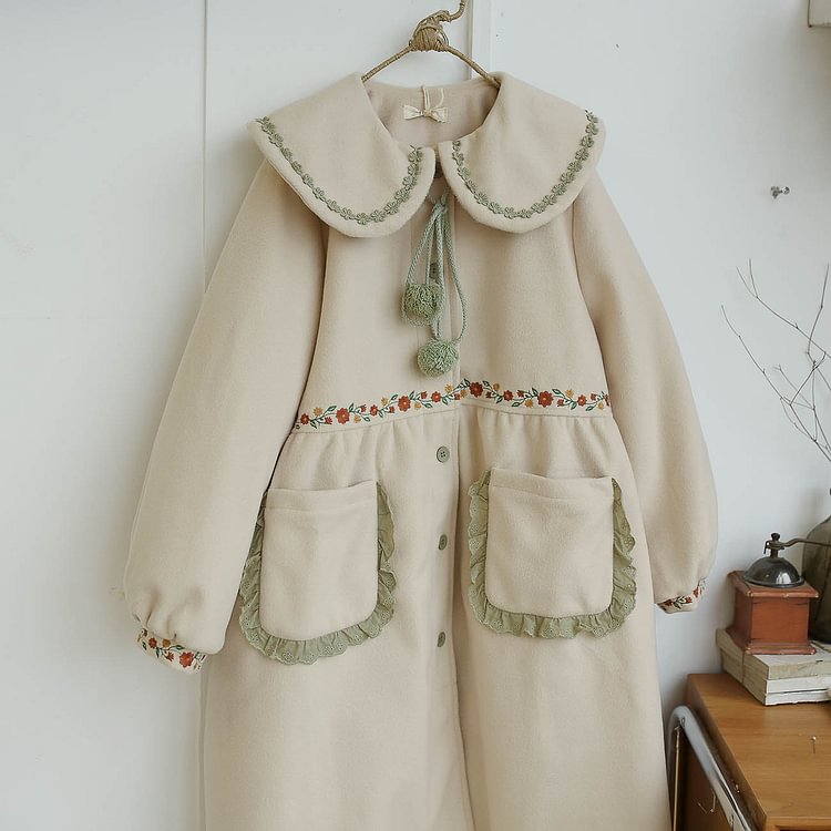 Queenfunky cottagecore style Cute Floral Embroidered Woolen Quilted Coat QueenFunky