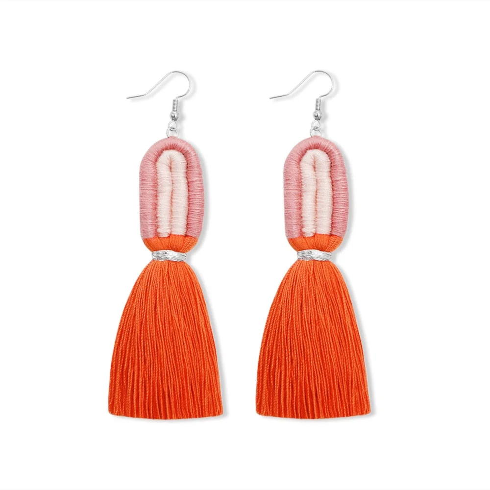 Dvacaman Bohemian Rainbow Handmade Macrame Earrings for Women Cotton Thread Feather Fringe Tassel Dangle Earrings Ethnic Jewelry