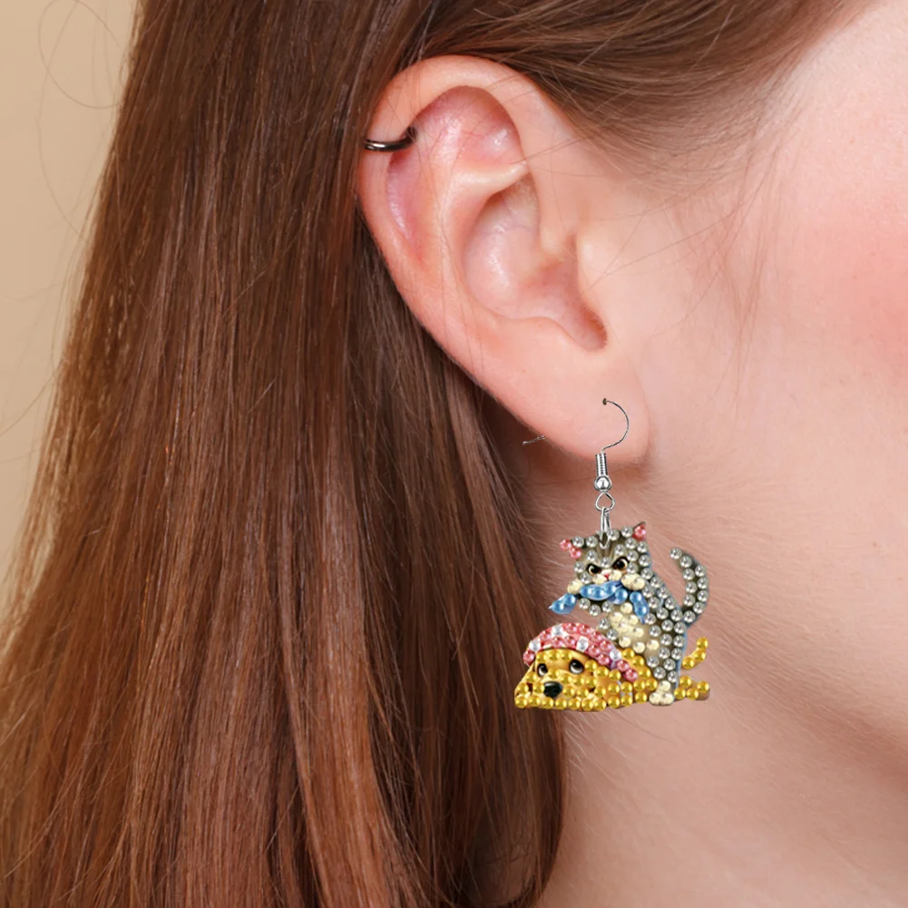 4 Pairs Cat Dog Double Sided Diamond Painting Earrings DIY Earrings Making Kit
