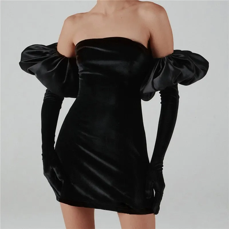 Women's Sexy Wrap Chest Bodycon Dress Solid Elegant Puff Sleeve Off Shoulder Dresses Party Evening Mini Slim Gown Spring Autumn