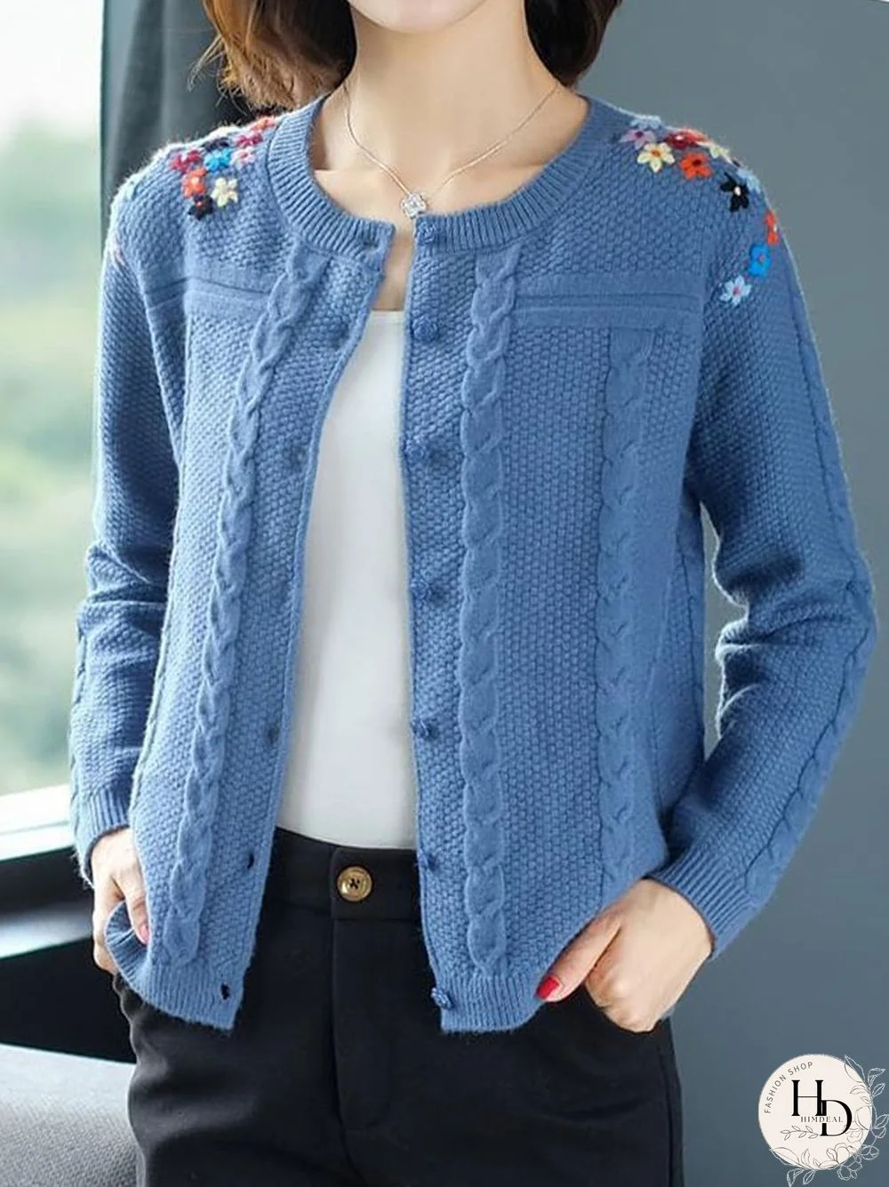 Women Fashion Floral Embroidery Cable Knit Button Front Sweater Jacket