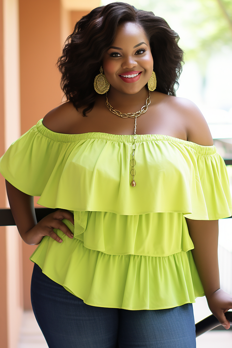 Xpluswear Design Plus Size Daily Fluorescent Green Off The Shoulder Cap Sleeve Short Sleeve Tiered Knitted Tops