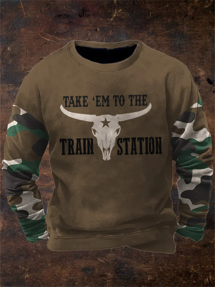 Western Train Station Quote Camo Patchwork Sweatshirt