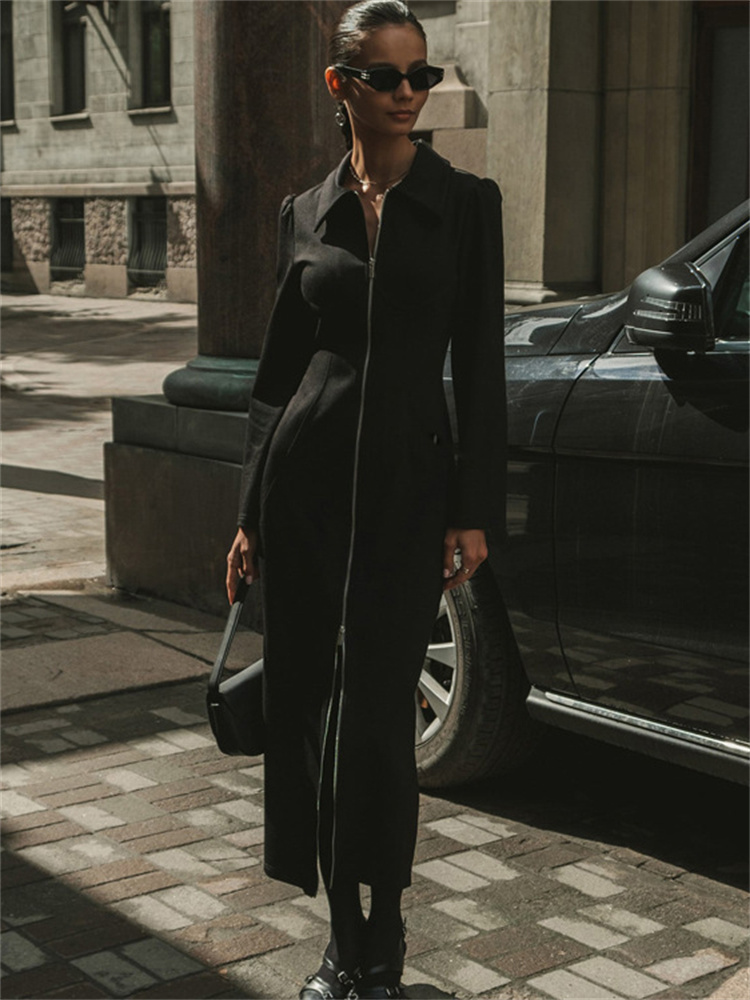 Ootddress Black Zipper Lapel Maxi Dress For Women Cardigan Fashion Patchwork Vintage Slim High Waist Elegant Streetwear Women Dress