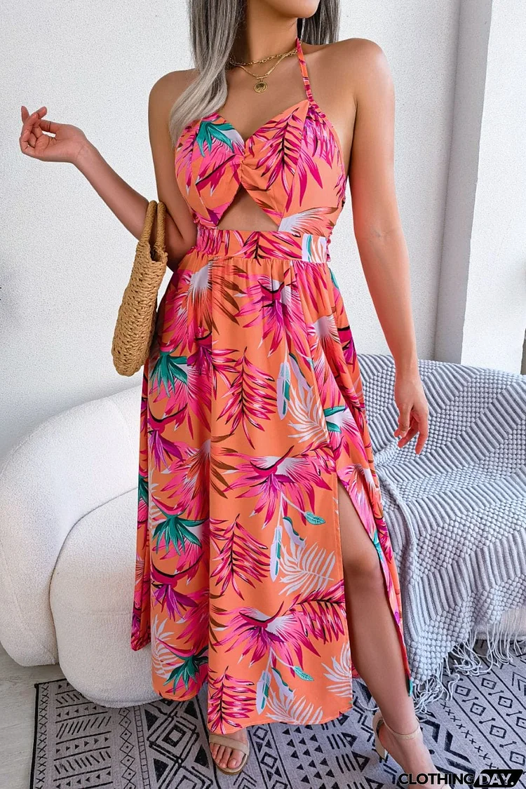 Botanical Print Tied Backless Cutout Slit Dress