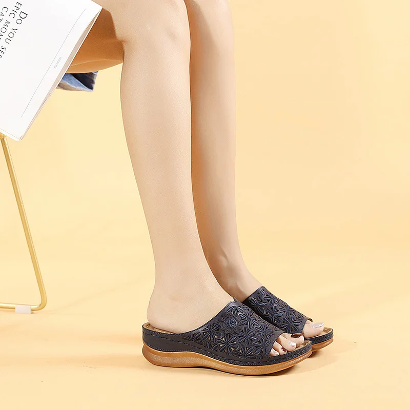 Round Toe Retro Solid Color Women's Sandals Hollow Seam Wedge Comfortable Large Size Sandals - vzzhome