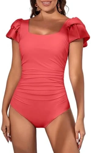 Ruffle Square Neck Tummy Control One Piece Swimsuit